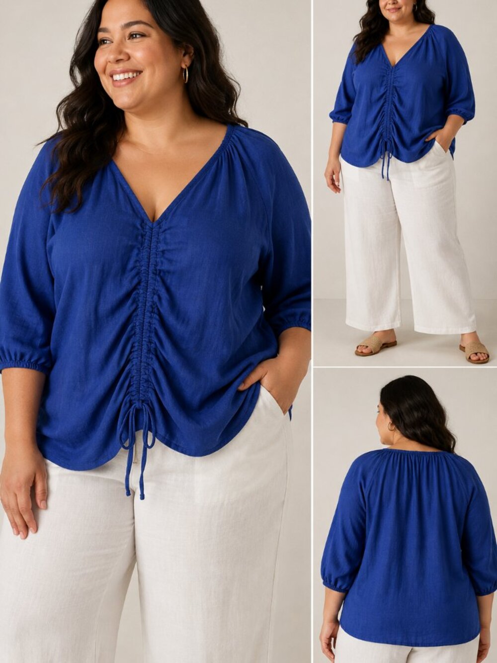 Ava & Viv 1X Blue Linen Blend Ruched Front Boho Peasant Blouse Plus Size Coastal